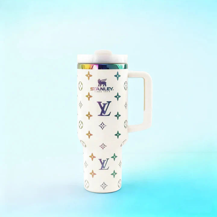 White gold patterned tumbler with handle and straw lid